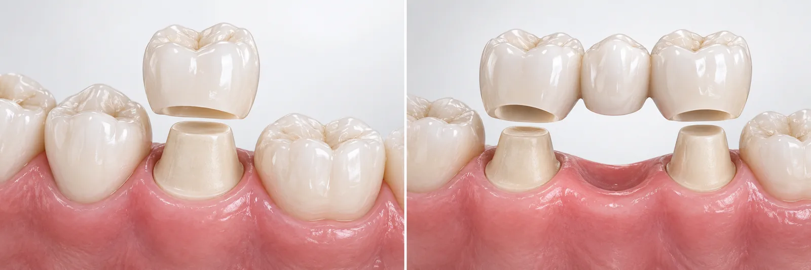 지대치 위에 올리는 크라운 한 개와 세 개가 연결된 브릿지를 나타낸 3D 모형