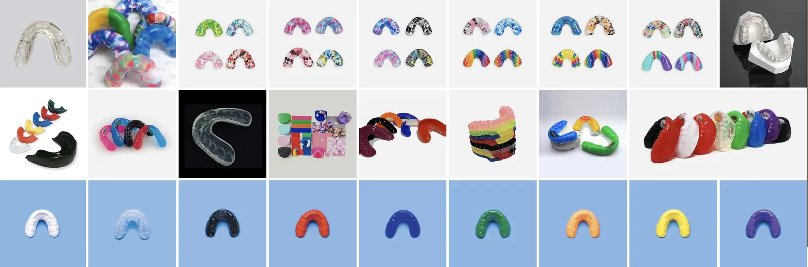 A collection of night guards made with different colors and patterns.